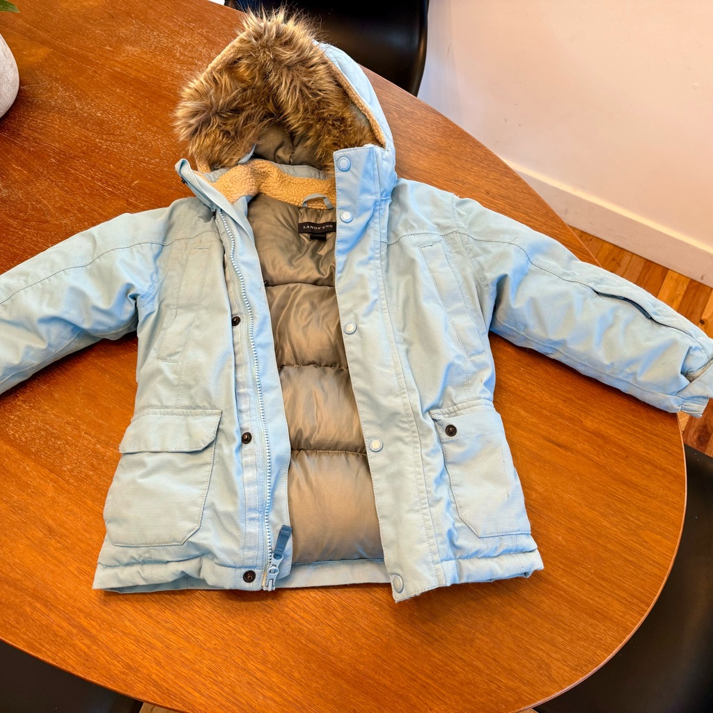 Lands' End Goosedown Blue And Brown Puffer Jacket With Fur Hood